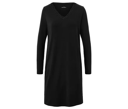 Chemise de nuit noire à manches longues avec dentelle autour de l'encolure en V.