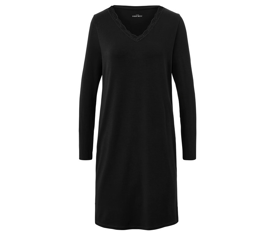 Chemise de nuit noire à manches longues avec dentelle autour de l'encolure en V.