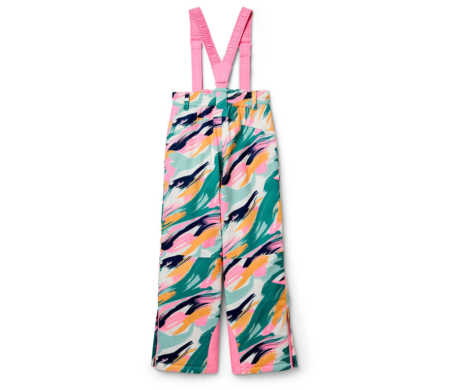 Pantalon de ski à bretelles avec un motif coloré et des détails roses.