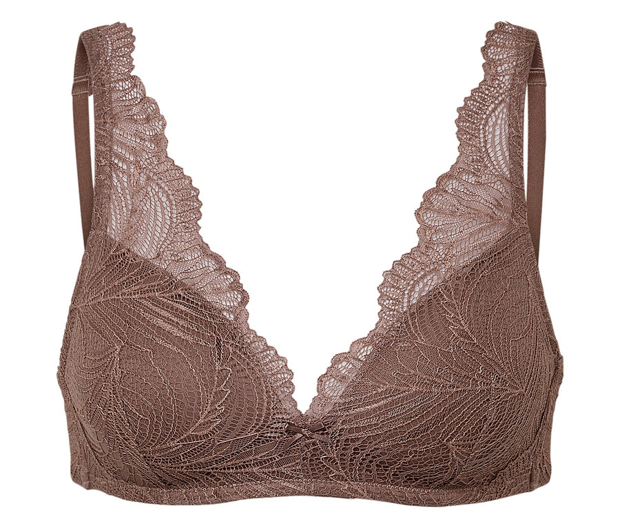 Soutien-gorge en dentelle marron avec décolleté plongeant.