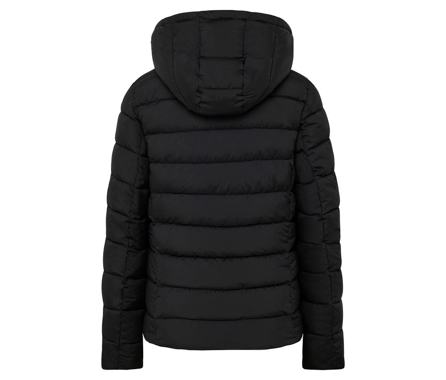 Vue arrière d'une doudoune noire à capuche.