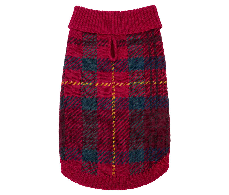 Pull rouge pour chien avec motif à carreaux.