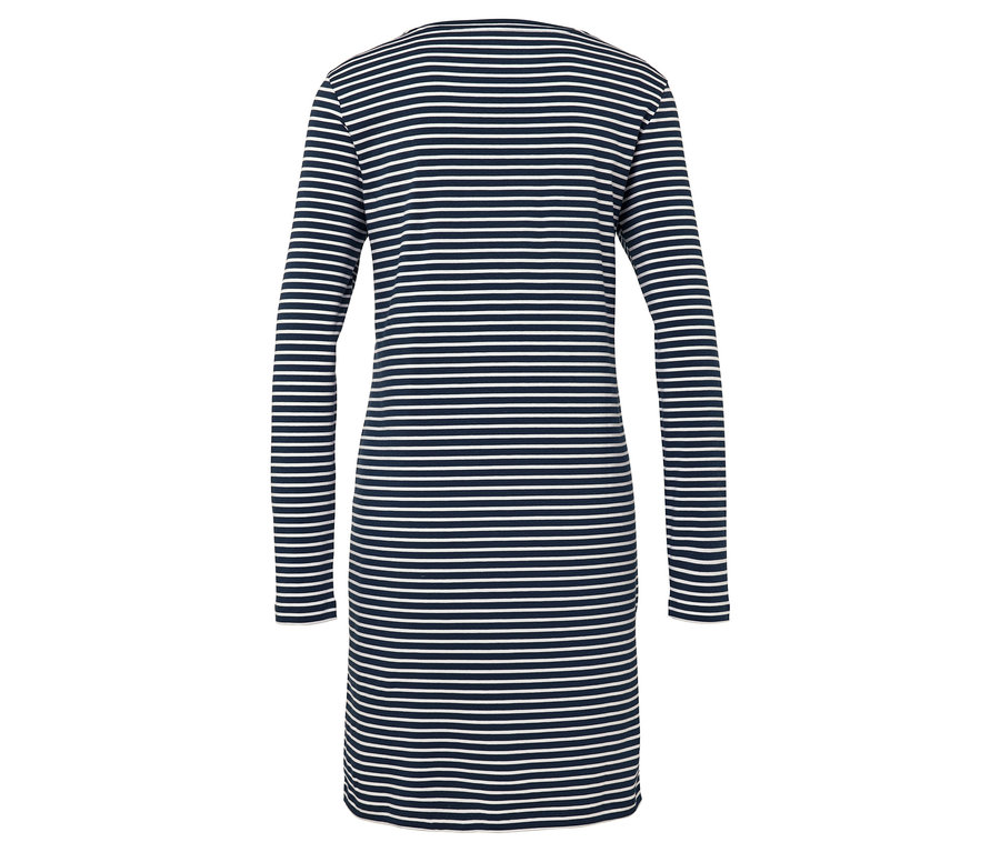 Vue arrière d'une robe rayée à manches longues bleu marine et blanche.