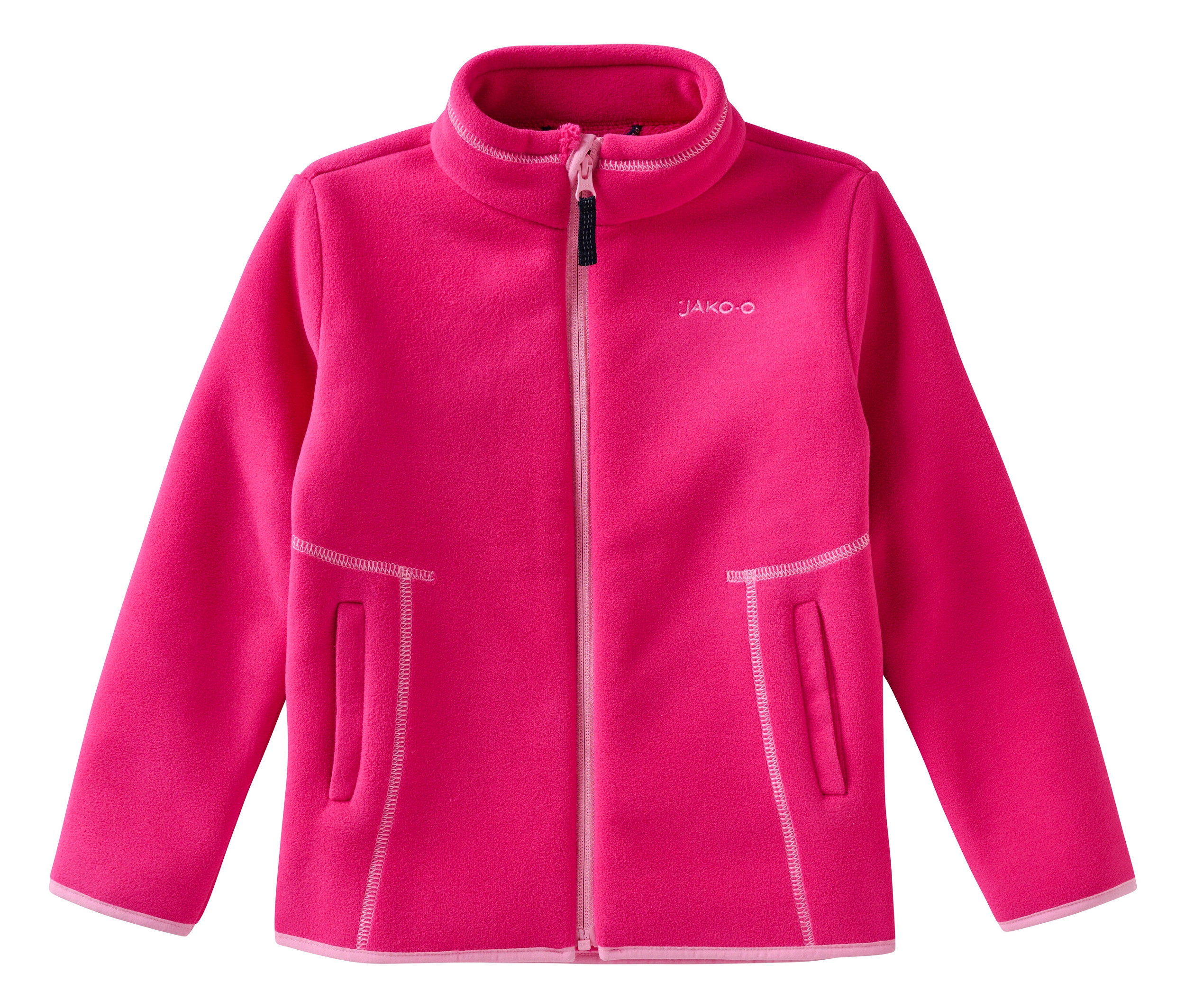La veste polaire douillette JAKO-O avec col montant, de couleur fuchsia, est posée à plat.