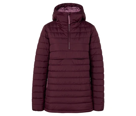 Veste matelassée bordeaux avec capuche et demi-fermeture éclair.