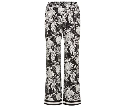Pantalon large Olsen à motif floral noir et blanc avec rayures à l'ourlet.