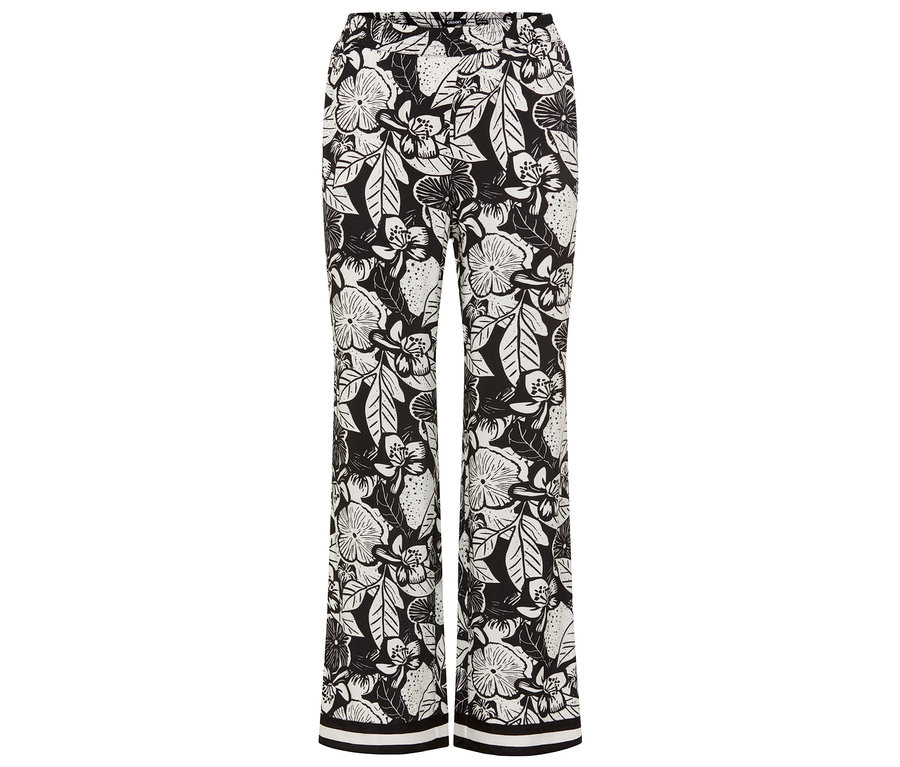 Pantalon large Olsen à motif floral noir et blanc avec rayures à l'ourlet.