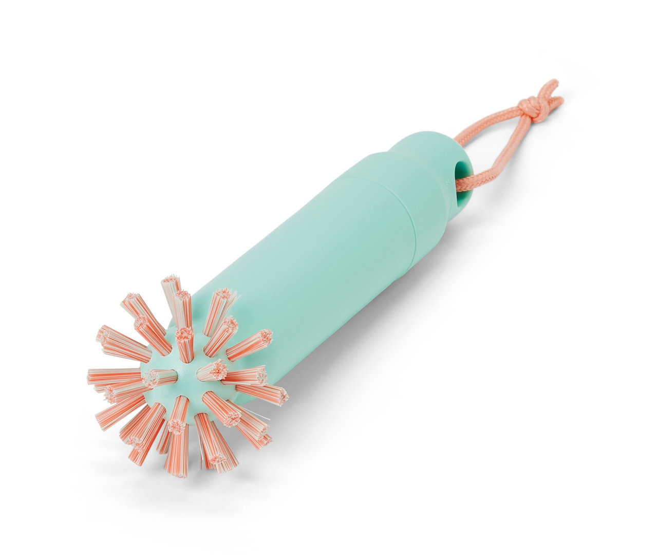 Une brosse de vidange 2 en 1 avec un manche vert d'eau et des poils roses.