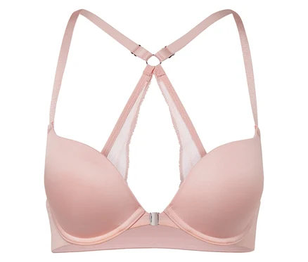 Soutien-gorge rose à armatures avec fermeture à l'avant.