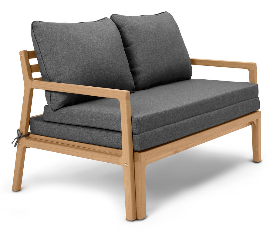 Canapé lounge extensible avec revêtement gris et cadre en bois.