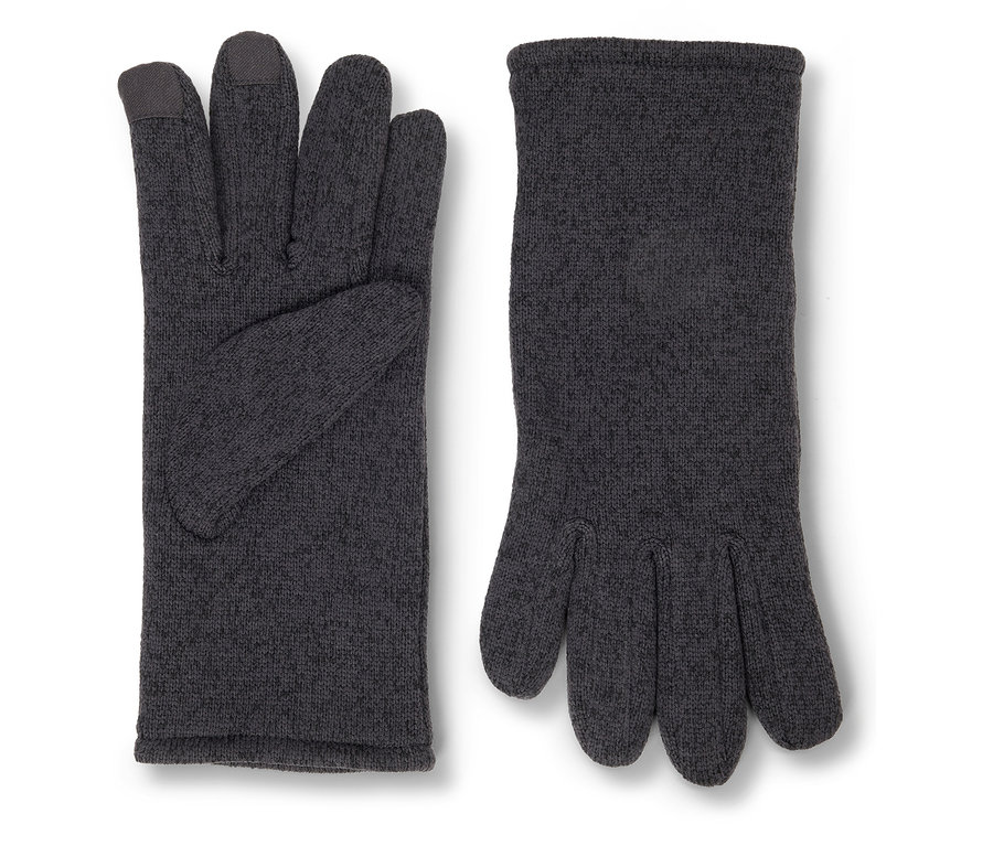 Deux gants gris avec des bouts de doigts compatibles avec les écrans tactiles sont posés l'un à côté de l'autre.