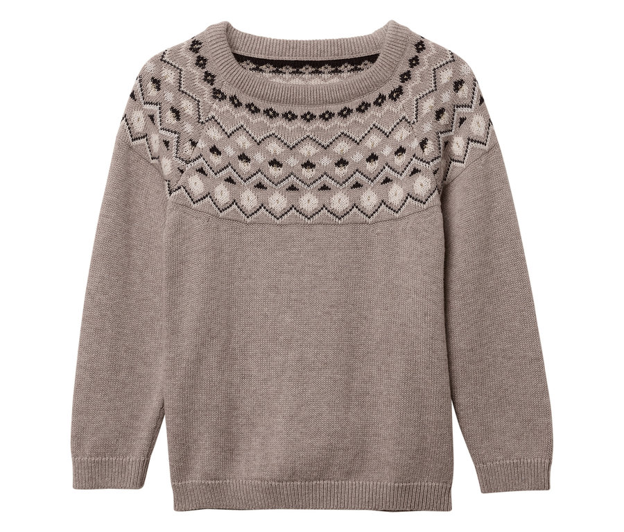 Pull gris à col rond avec motif géométrique autour du cou.