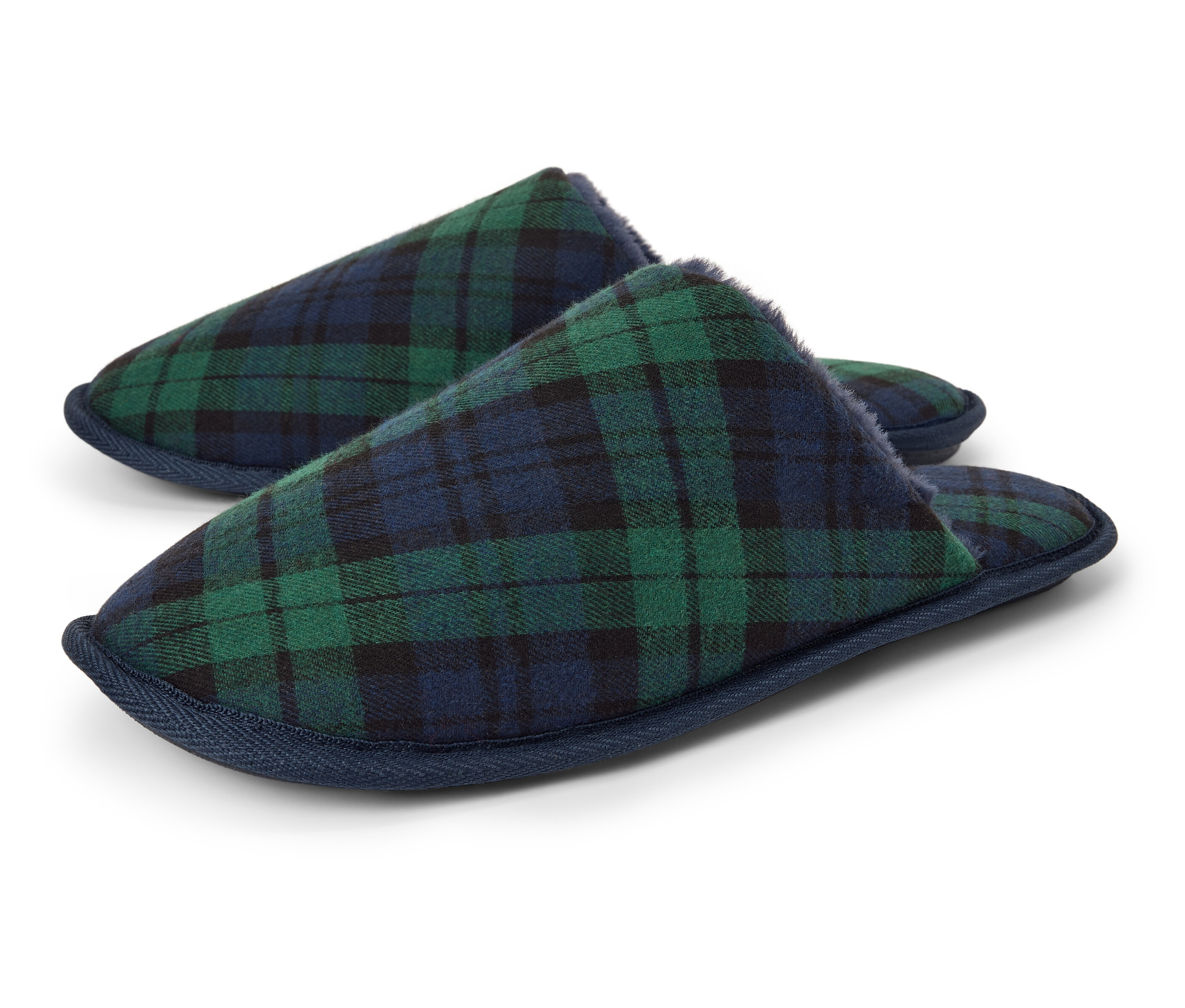 Deux pantoufles à carreaux bleu-vert.