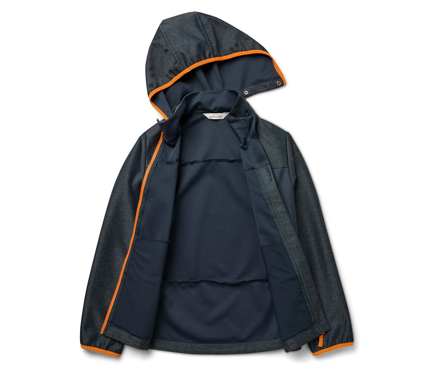 Veste softshell ouverte pour enfant avec capuche, gris foncé avec fermetures éclair et ourlets orange.