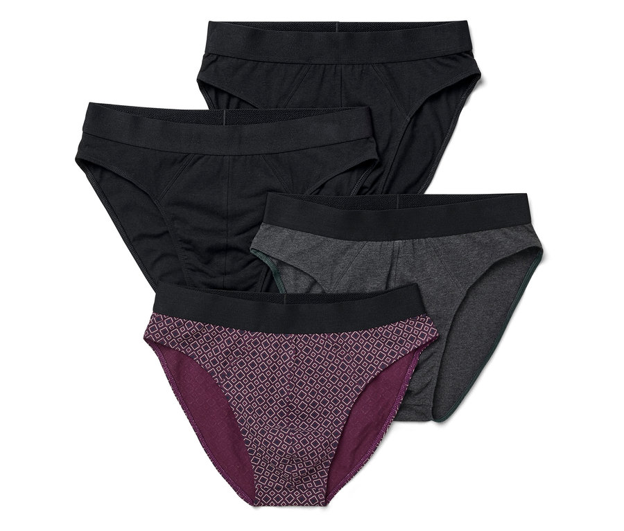 Quatre slips : deux noirs, un gris et un violet à motifs.