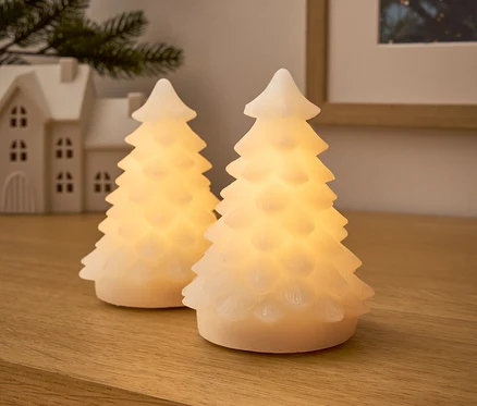 Deux arbres lumineux sur une surface en bois.