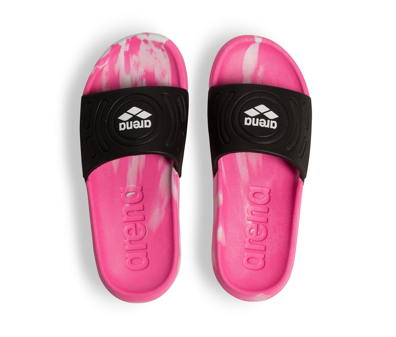 Deux sandales de bain arena Junior Urban Active pour enfant, rose vif, sont côte à côte.
