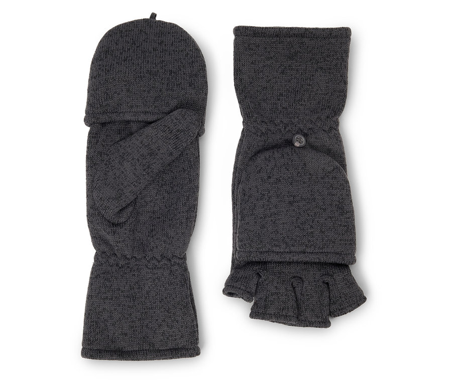 Deux gants gris tricotés sans doigts avec une partie supérieure rabattable.