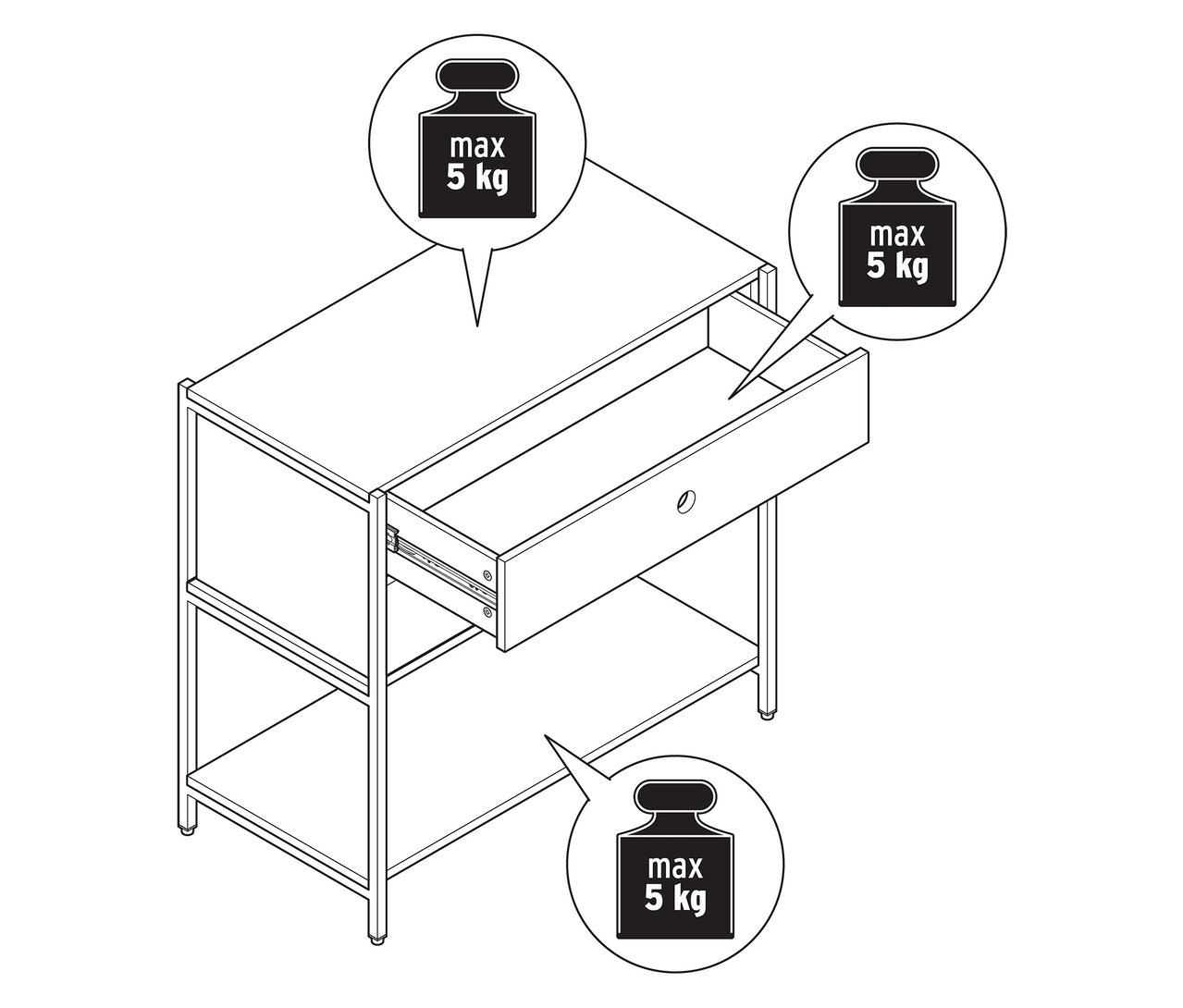 Schéma d'une commode KLAAR avec 2 tiroirs, dont un est ouvert.