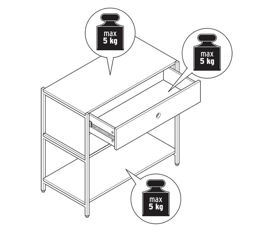 Schéma d'une commode KLAAR avec 2 tiroirs, dont un est ouvert.