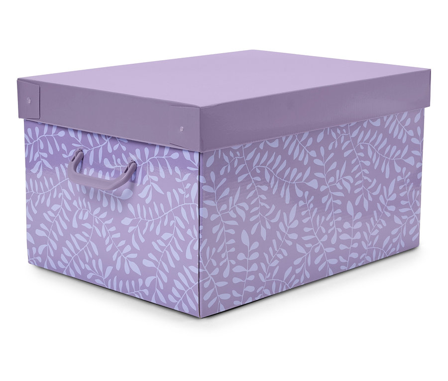 Boîte lilas avec couvercle et motif floral blanc.