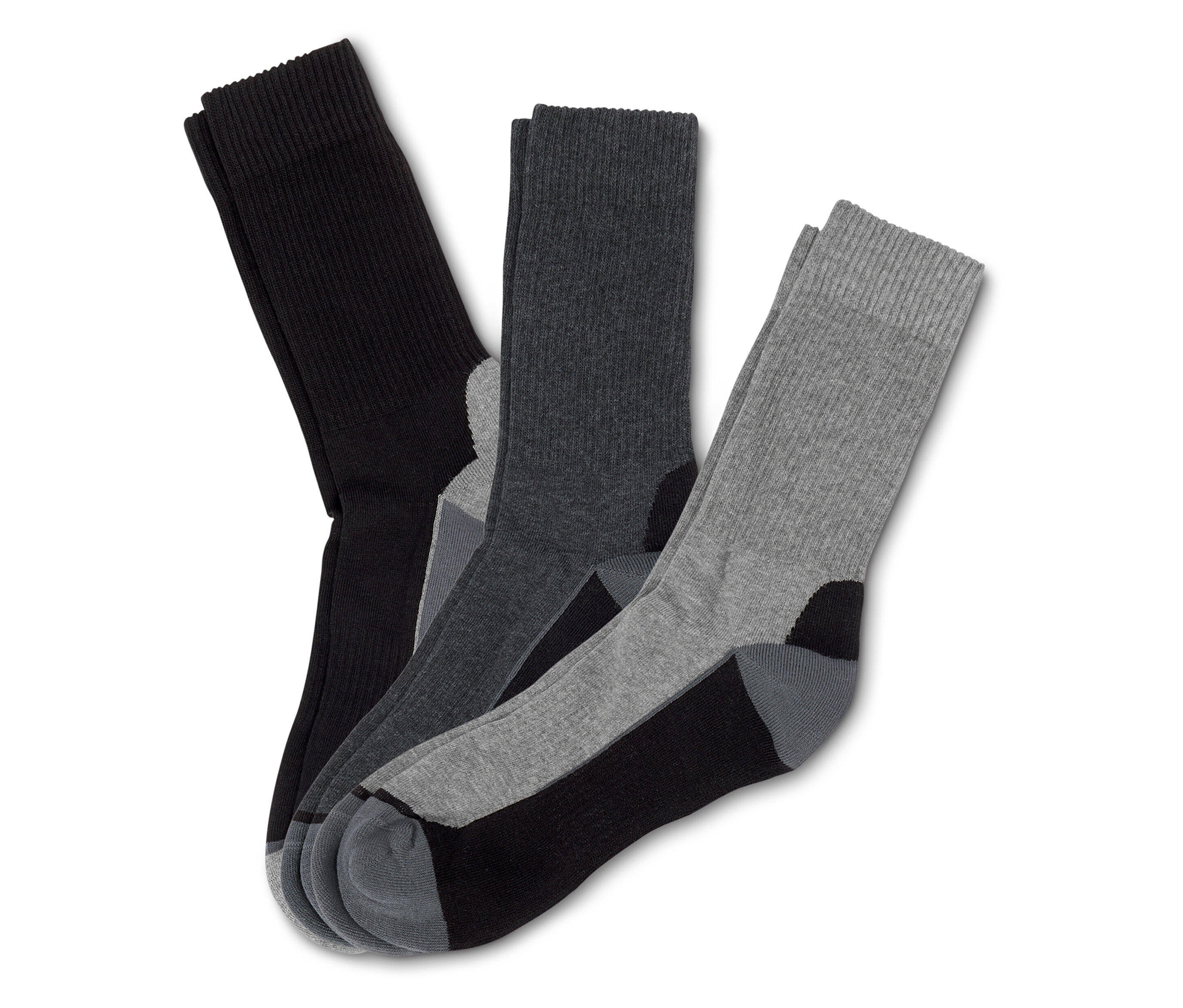 Trois paires de chaussettes : noires, gris foncé et gris clair.
