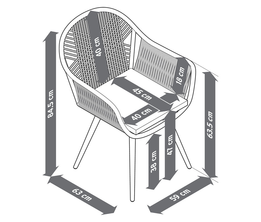 Schéma d'un fauteuil de salon pivotant avec tressage textile et dimensions.