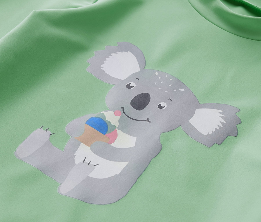 Combinaison verte pour enfants avec protection UV 80, imprimé koala tenant une glace.