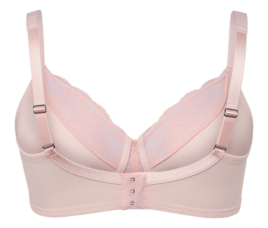 Vue détaillée de l'arrière d'un soutien-gorge rose pâle avec de la dentelle.