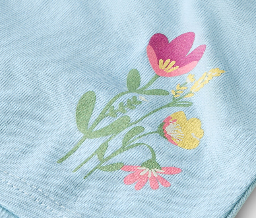 Gros plan d'un tissu bleu clair avec un motif floral imprimé.