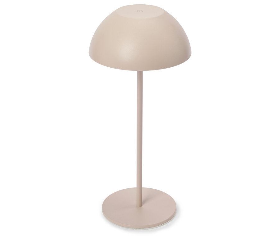 Lampe de table beige avec abat-jour et base ronds sur fond blanc.
