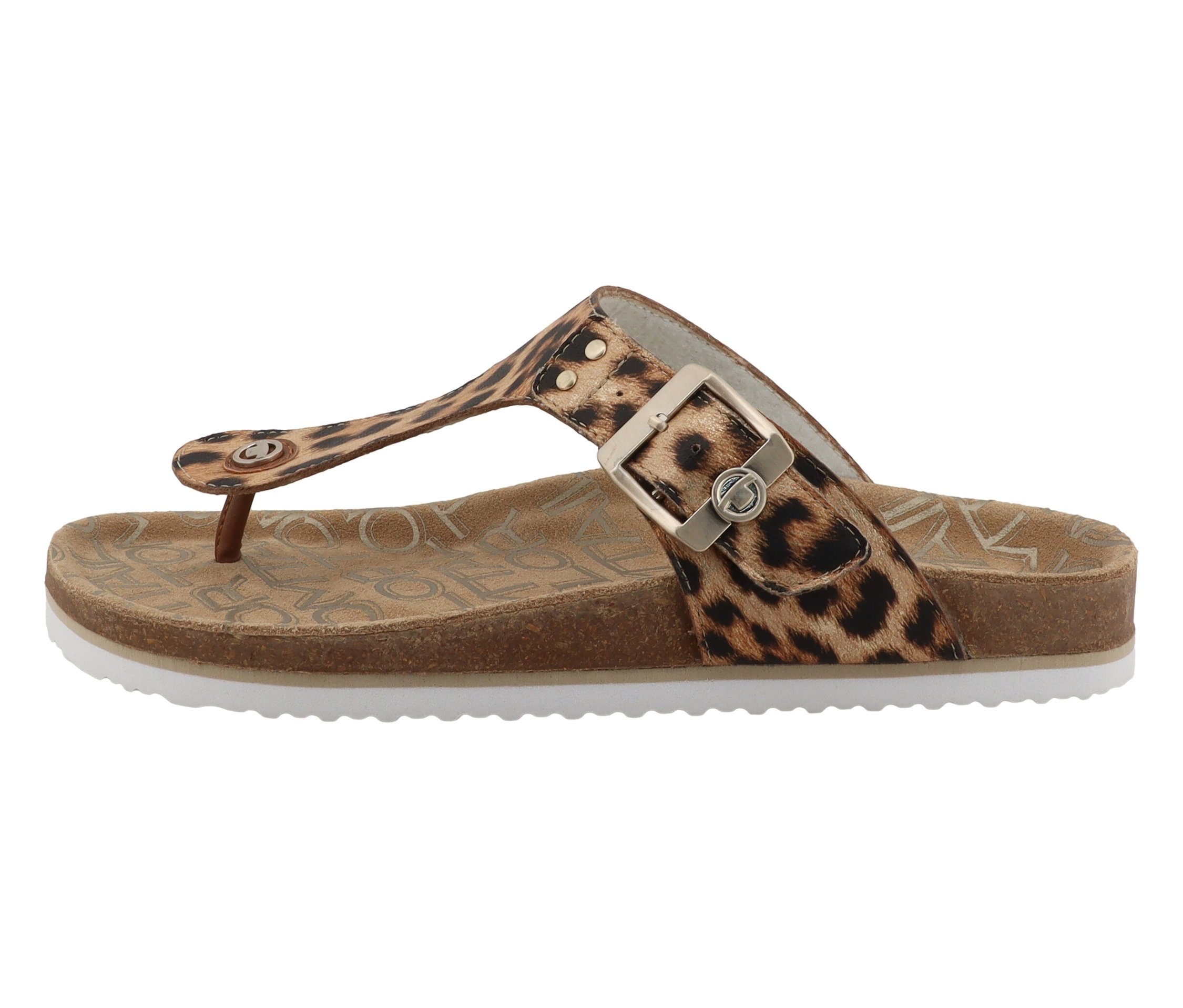 Une tong Tom Tailor léopard avec une semelle blanche et une bride réglable.