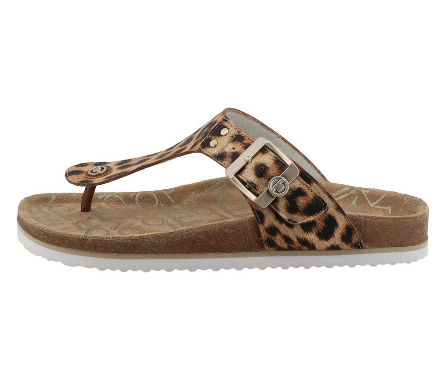 Une tong Tom Tailor léopard avec une semelle blanche et une bride réglable.