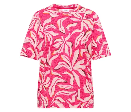 T-shirt manches courtes CECIL rose avec un motif floral blanc et rose clair.