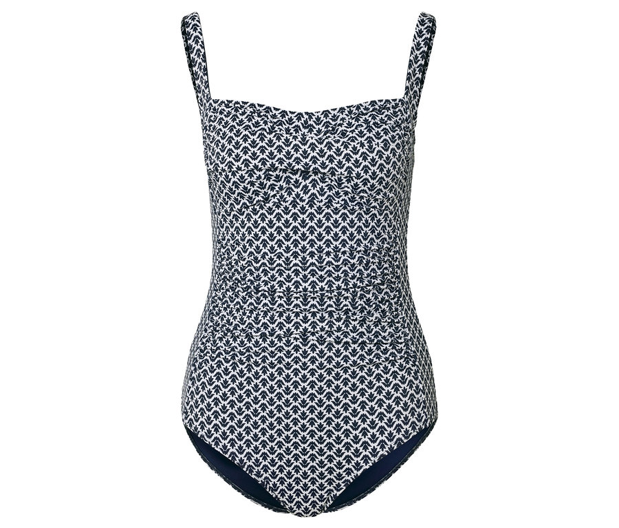 Vue intégrale d'un maillot de bain avec un imprimé de feuilles bleu et blanc.