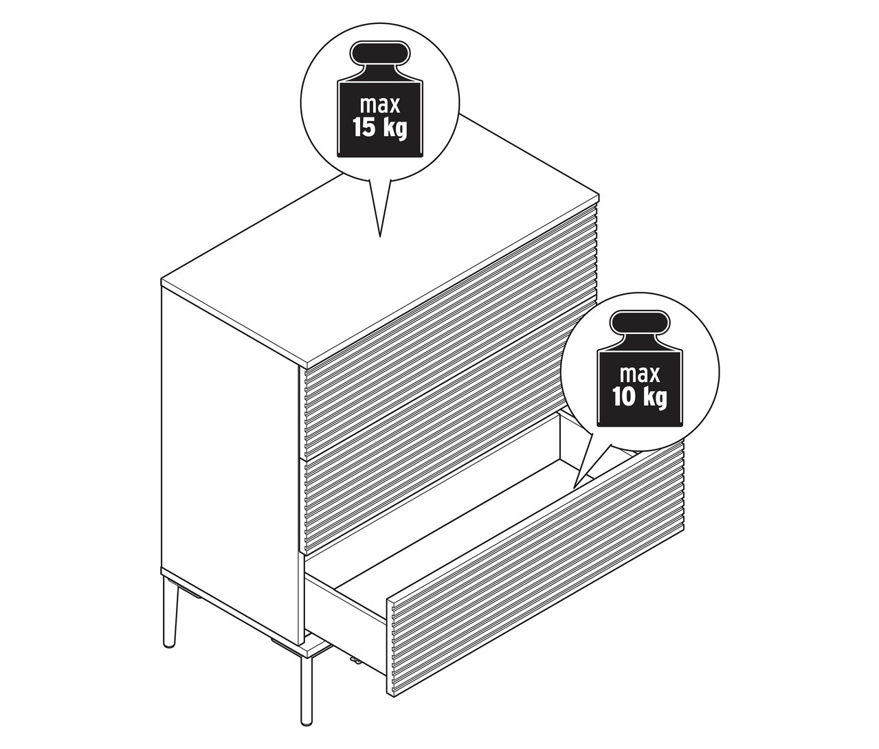 Dessin de la commode « REET » aspect lamelles avec un tiroir ouvert.