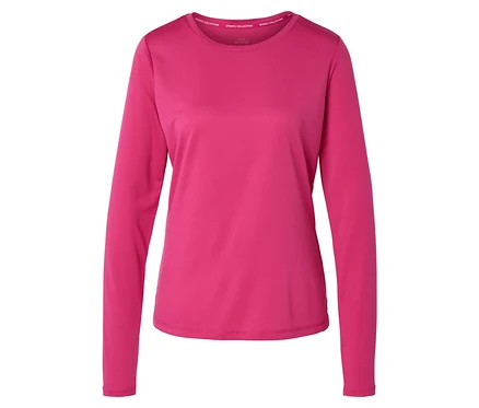 Haut de sport couleur saumon à manches longues et encolure ras du cou.