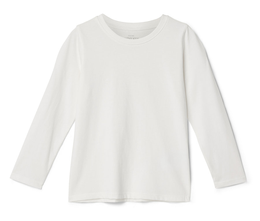 Un t-shirt blanc à manches longues est posé à plat.