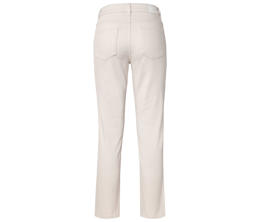 Vue arrière d'un pantalon droit beige clair avec des poches.