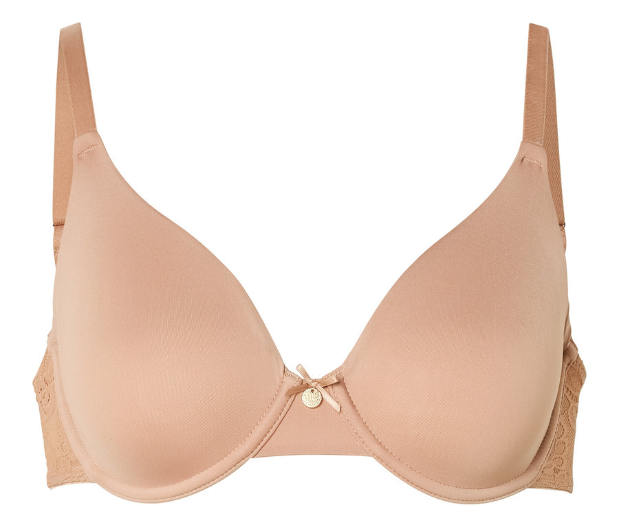 Soutien-gorge beige à armatures avec détails en dentelle sur les côtés.