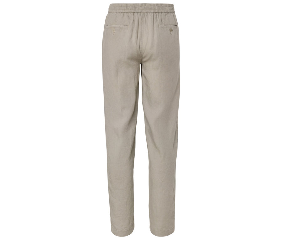 Vue arrière d'un pantalon en lin marron clair avec une taille élastique et des poches arrière.