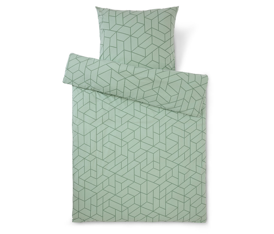 Ensemble de literie vert clair avec motif géométrique, comprenant une taie d'oreiller, une housse de couette et une housse supplémentaire.