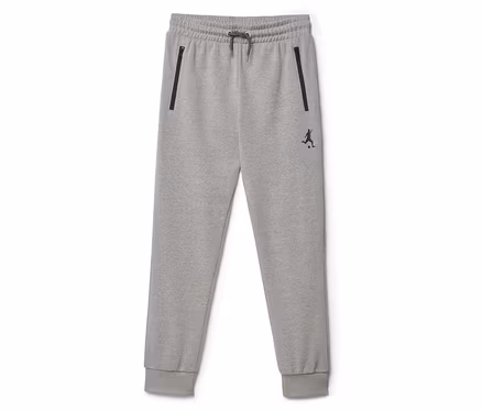 Pantalon de jogging gris avec cordon de serrage et poches zippées.