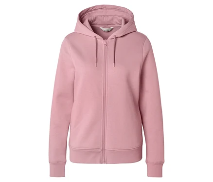 Sweat à capuche rose avec fermeture éclair intégrale et cordon de serrage à la capuche.