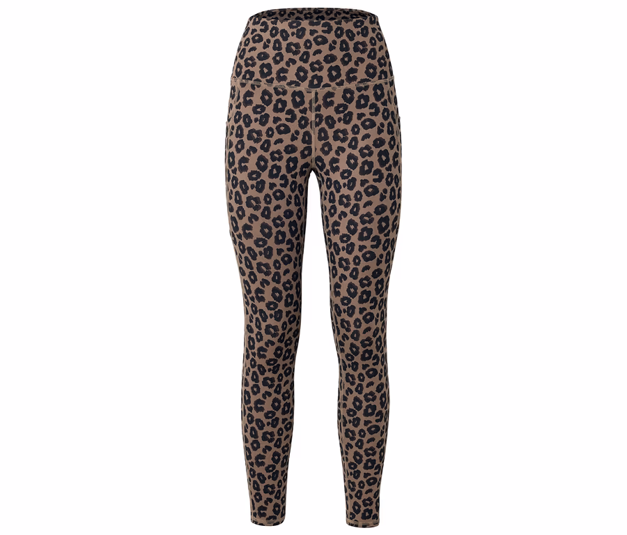 Legging marron à motif léopard noir, photographié de face.