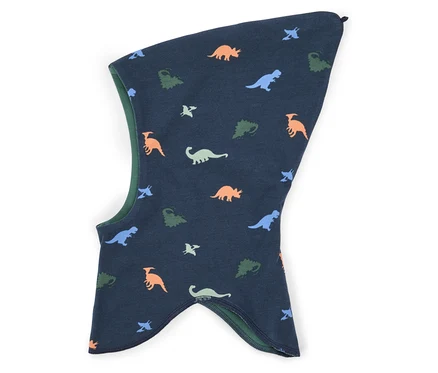 Cagoule bleu marine à motifs de dinosaures orange, verts et bleus, doublée de tissu vert.