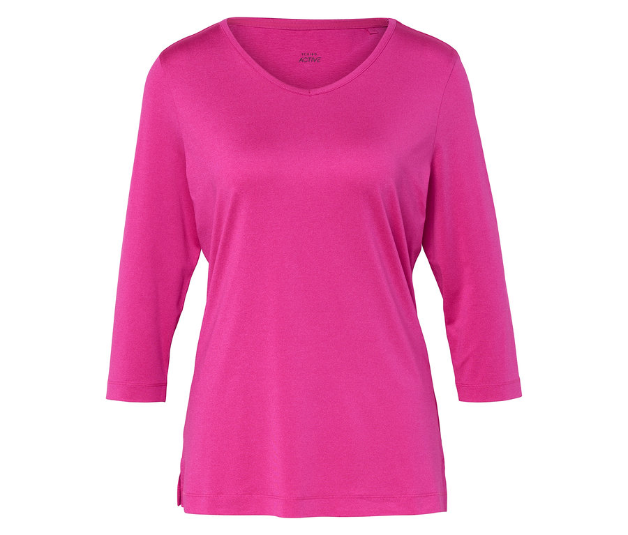 Un t-shirt rose à manches longues avec un col en V posé à plat.