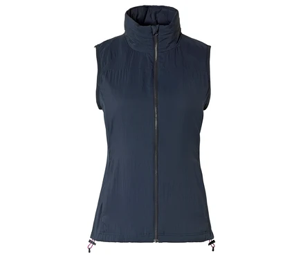 Gilet matelassé bleu marine sans manches avec fermeture éclair intégrale et col montant.