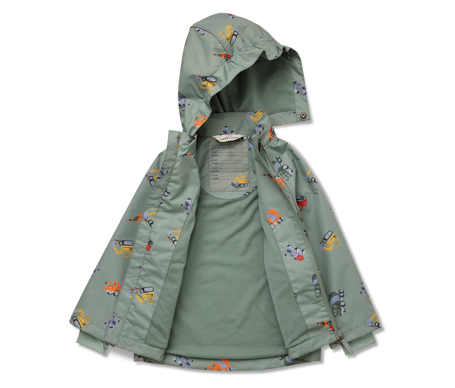 Veste ouverte pour enfant, de couleur verte, avec un motif de pelleteuses et de véhicules de chantier.