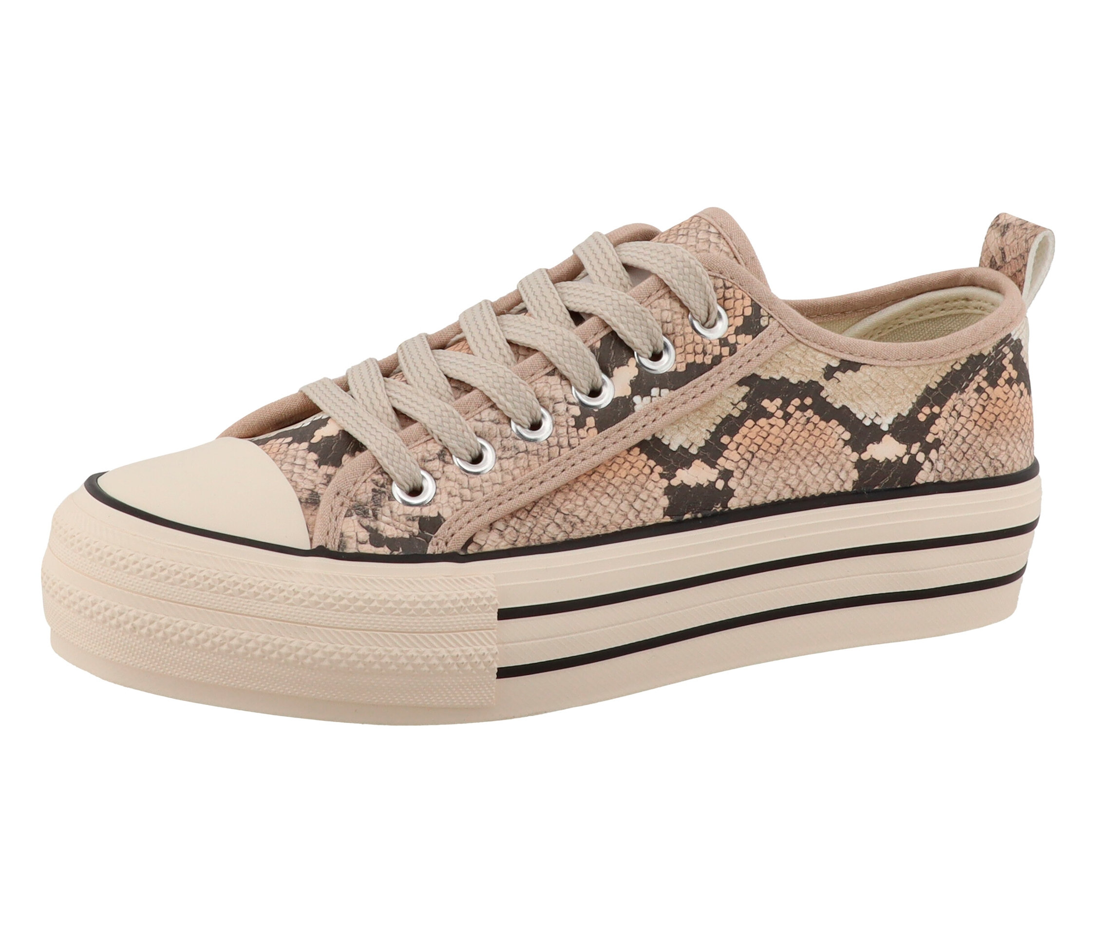 Une seule basket rose à motif peau de serpent avec une semelle plateforme.